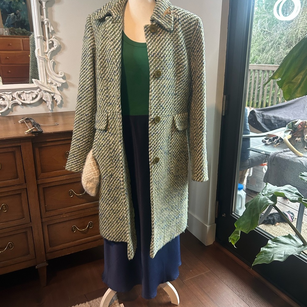 DKNY Green and Blue Tweed Trench Coat - Picture 8 of 8